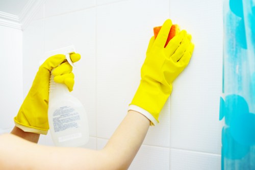 Gutter cleaning process in action
