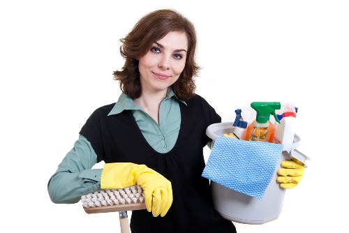 Professional cleaner vacuuming a household area